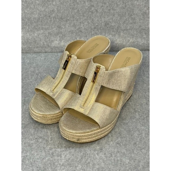 Michael Kors Shoes - MICHAEL KORS Bradley Metallic Canvas Wedge Sandal Pale Gold Size 10